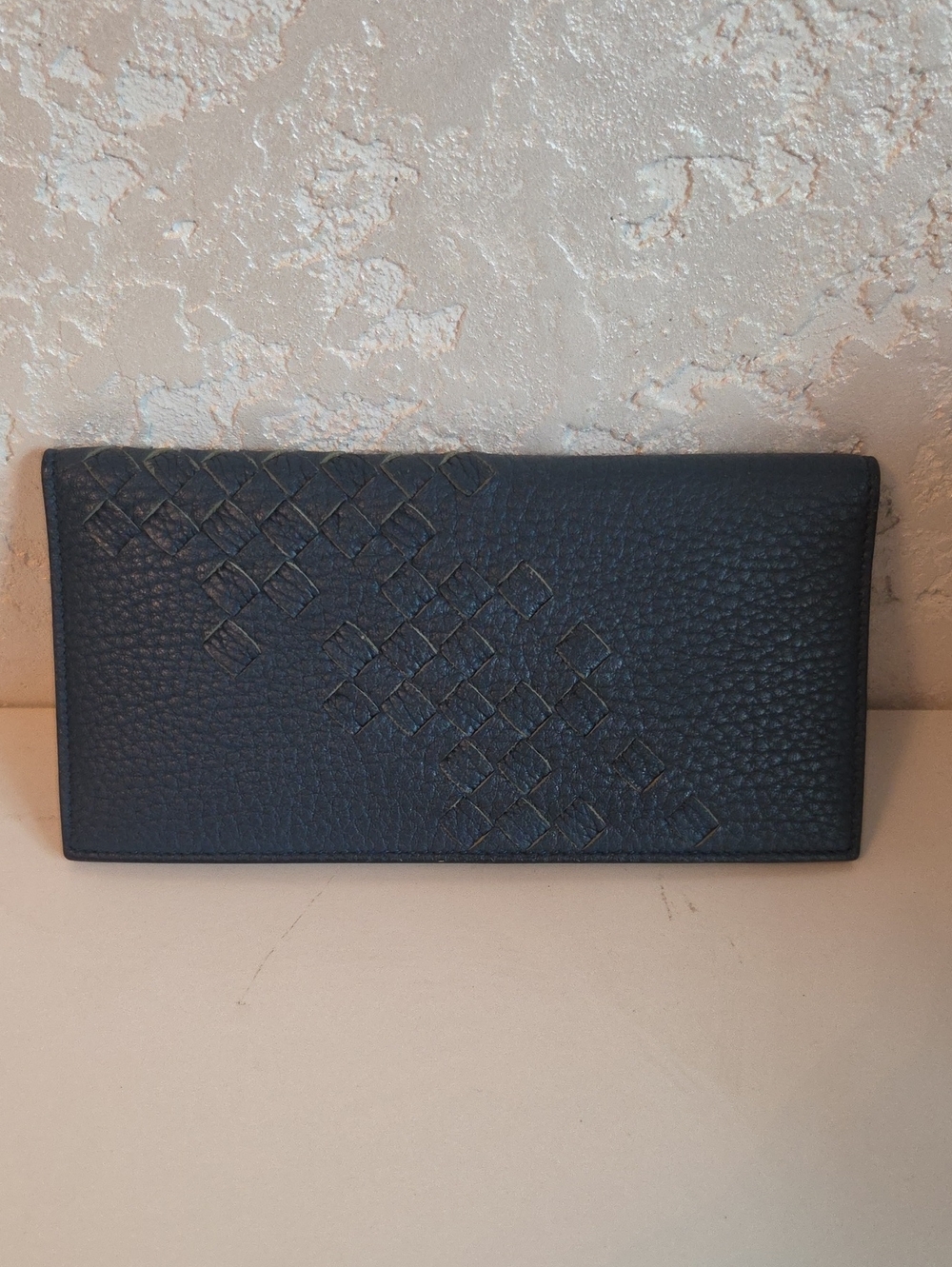 Bottega Veneta Navy Woven Leather Long Wallet With COA